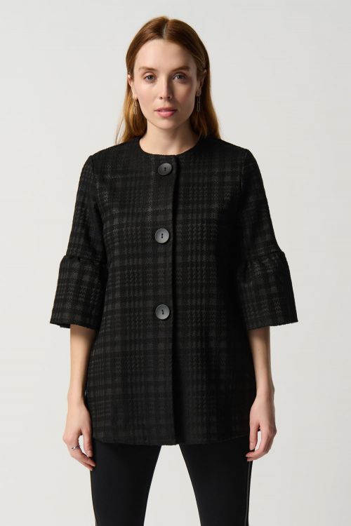 Joseph Ribkoff Black Plaid Woven Jacquard Trapeze Coat Style 234057