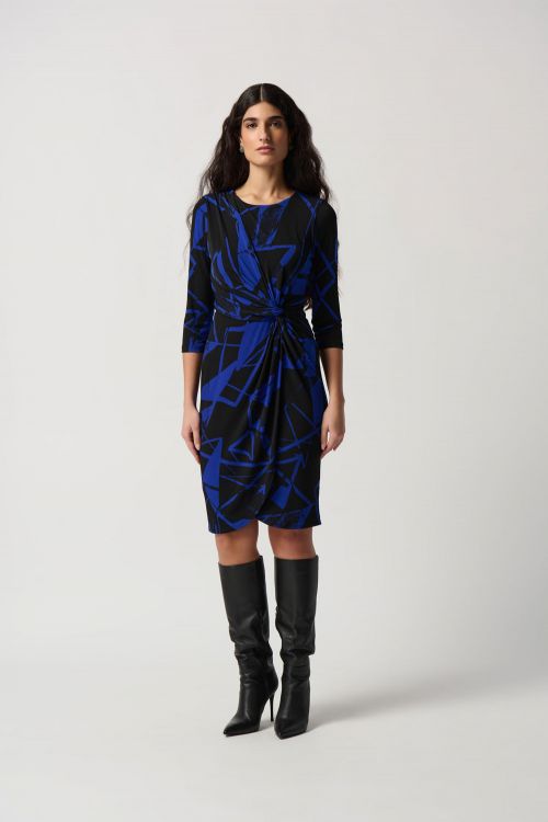 Joseph Ribkoff Black/Royal Sapphire Geometric Print Silky Knit Sheath Dress Style 234059