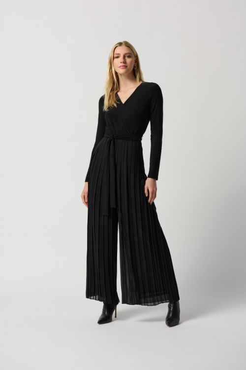 Joseph Ribkoff Black Pleated Chiffon Wide-Leg Wrap Jumpsuit Style 234066