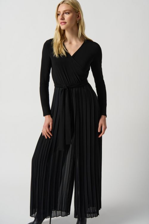 Joseph Ribkoff Black Pleated Chiffon Wide-Leg Wrap Jumpsuit Style 234066