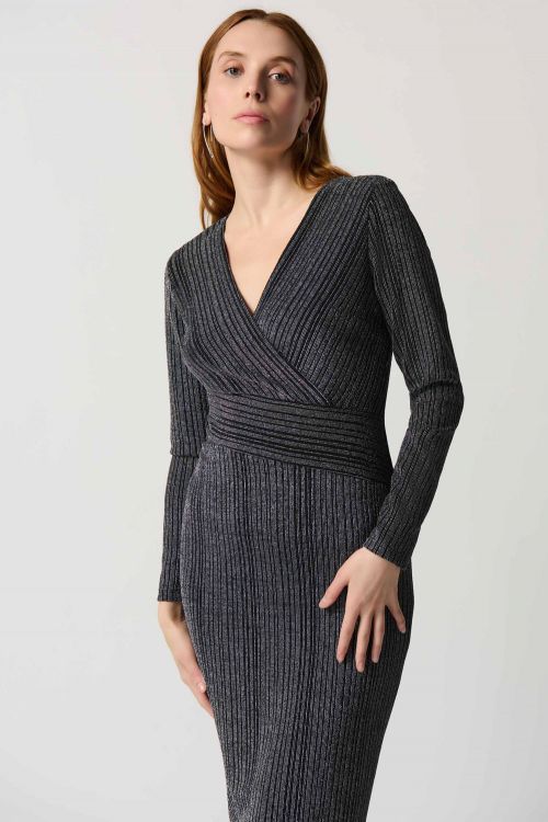 Joseph Ribkoff Black/Silver Wrap Dress With Stripe Print Style 234080