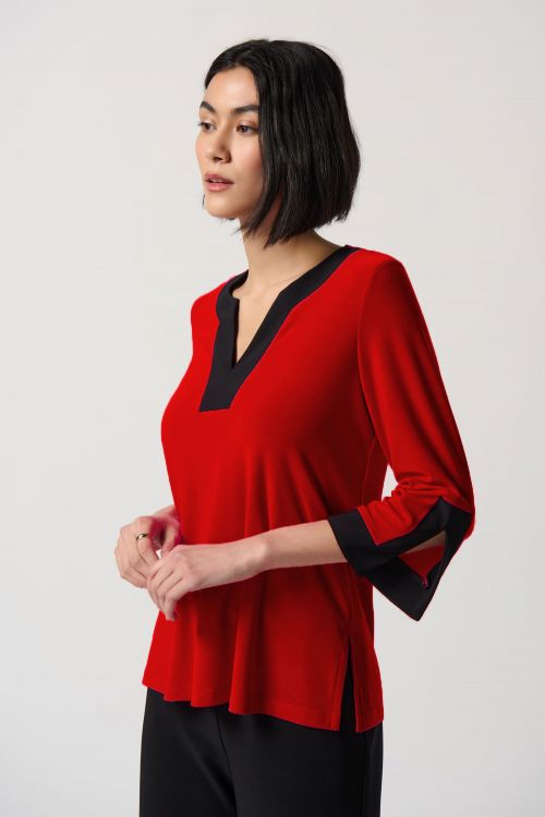 Joseph Ribkoff Lipstick Red/Black Color-Block Slit Neckline Top Style 234083