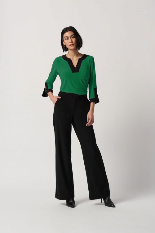 Joseph Ribkoff True Emerald/Black Color-Block Slit Neckline Top Style 234083