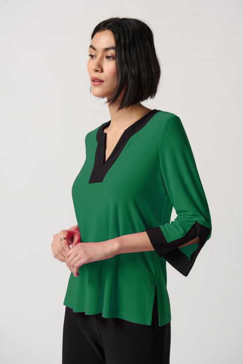 Joseph Ribkoff True Emerald/Black Color-Block Slit Neckline Top Style 234083