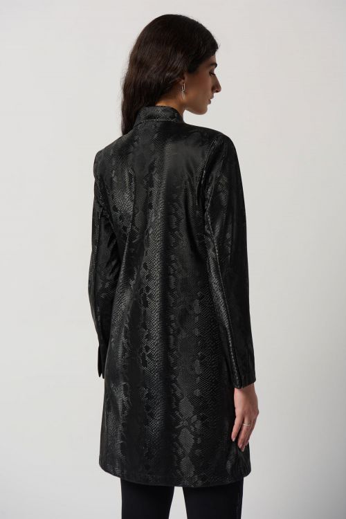 Joseph Ribkoff Black Faux Leather Snake Print A-Line Coat Style 234111