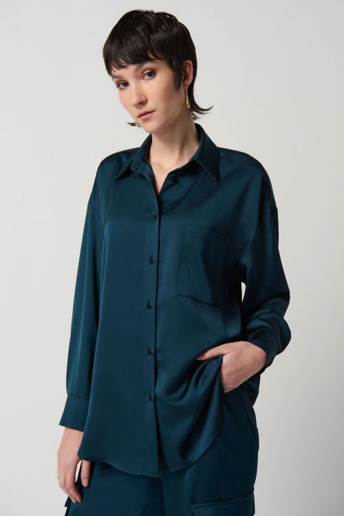 Joseph Ribkoff Alpine Green Boxy Button-Down Blouse Style 234115