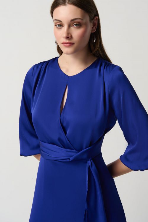 Joseph Ribkoff Royal Sapphire Satin Keyhole Neckline A-Line Dress Style 234127