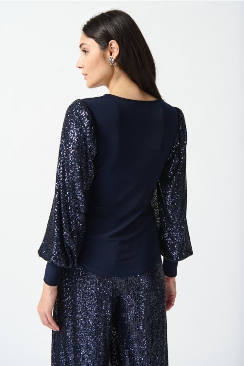 Joseph Ribkoff Midnight Blue Silky Knit Sequins Puff Sleeve Top Style 234130