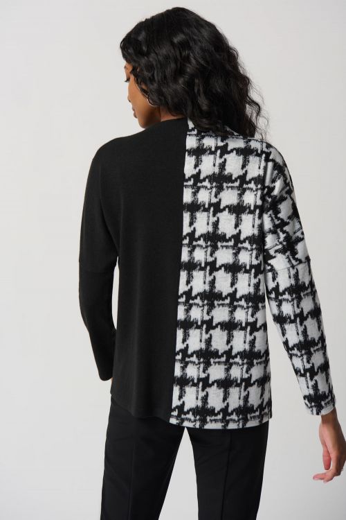 Joseph Ribkoff Off-White/Black Houndstooth Jacquard Color Block Boxy Top Style 234137