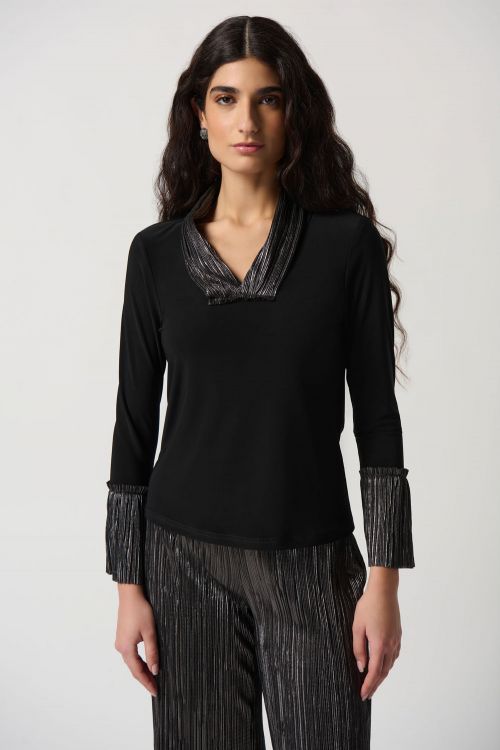 Joseph Ribkoff Black/Dark Grey Silky Knit Top With Pleated Neckline and Cuffs Style 234139