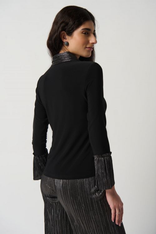 Joseph Ribkoff Black/Dark Grey Silky Knit Top With Pleated Neckline and Cuffs Style 234139