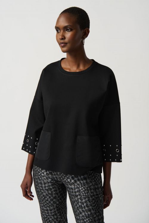 Joseph Ribkoff Black Boxy Top With Eyelet Detail Style 234142