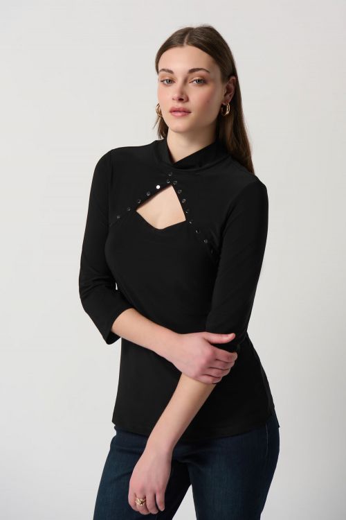 Joseph Ribkoff Black Top With Embellished Cutout Neckline Style 234195