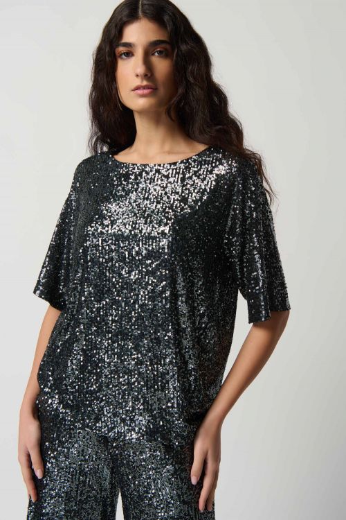 Joseph Ribkoff Black/Gunmetal Sequin Dolman Sleeve Boxy Top Style 234216