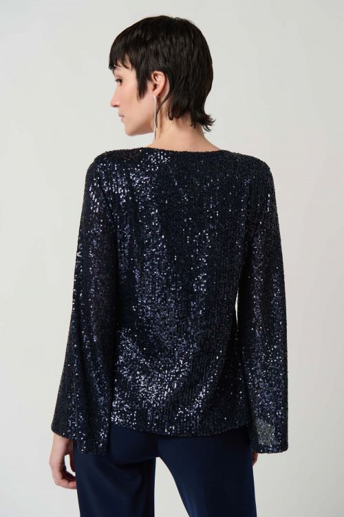 Joseph Ribkoff Midnight Blue Sequin Fitted Top With Long Bell Sleeves Style 234231