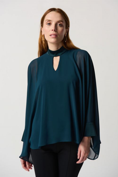 Joseph Ribkoff Alpine Green Chiffon Poncho Top With Mock Neck Collar Style 234245