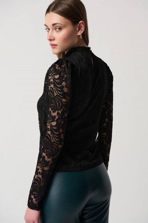 Joseph Ribkoff Black Lace Fitted Top With Long Puff Sleeves Style 234253