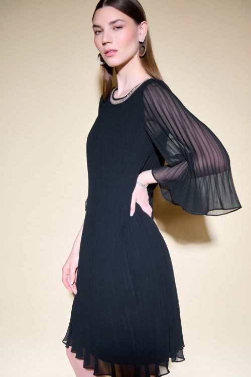 Joseph Ribkoff Black Pleated Chiffon Trapeze Dress Style 234700