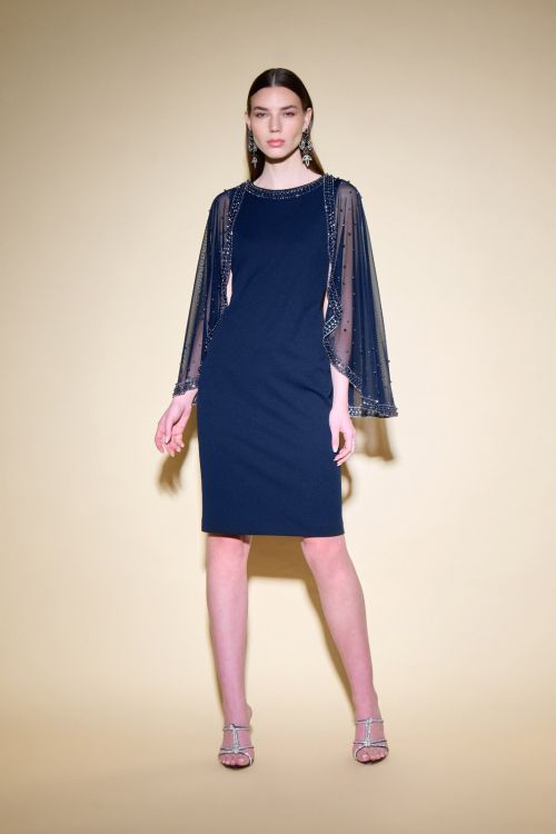 Joseph Ribkoff Midnight Blue Sheath Dress With Mesh Cape Style 234712