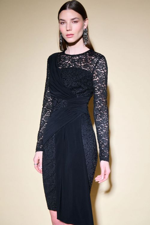 Joseph Ribkoff Black Lace And Silky Knit Sheath Dress With Draped Front Style 234723