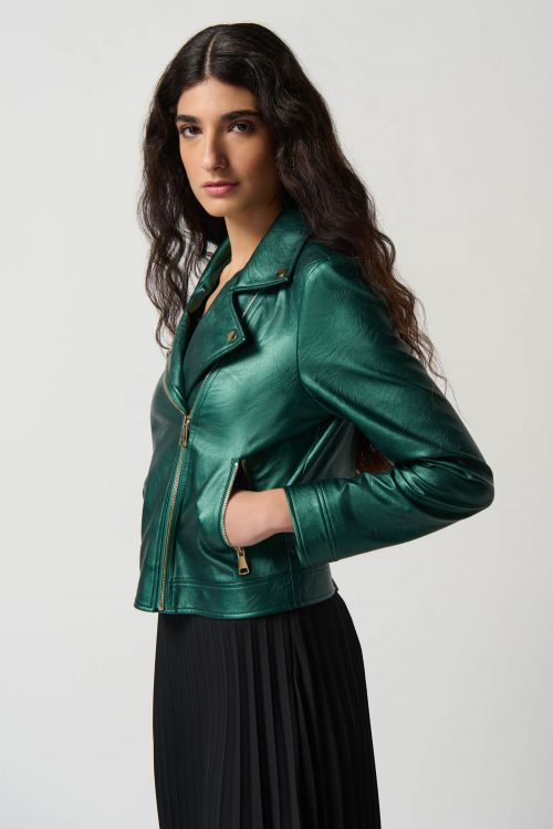 Joseph Ribkoff Emerald Metallic Faux Leather Biker Jacket Style 234902