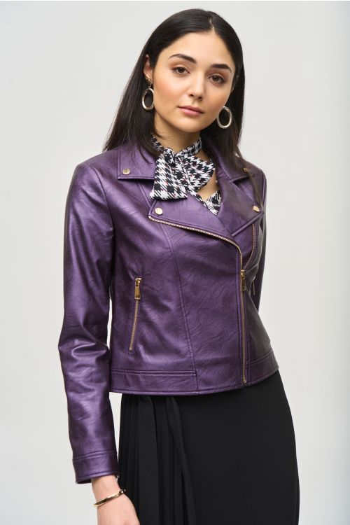 Joseph Ribkoff Black Currant Faux Leather Biker Jacket Style 234902