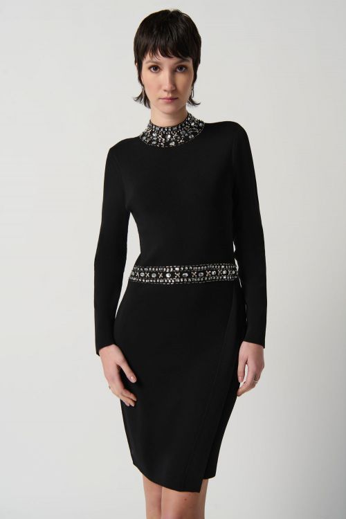 Joseph Ribkoff Black Long Sleeve Sweater Dress with Rhinestones Style 234918