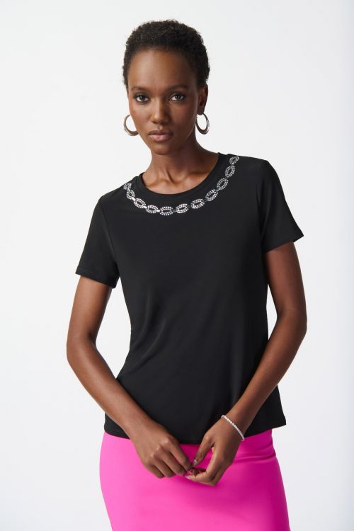 Joseph Ribkoff Black Top with Rhinestone Neckline Style 241019