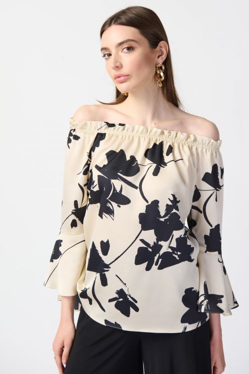 Joseph Ribkoff Beige/Black Floral Satin Off-the-Shoulder Top Style 241022