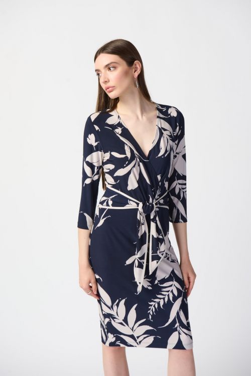 Joseph Ribkoff Midnight Blue/Beige Floral Print Wrap Dress Style 241056