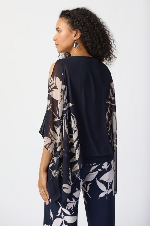 Joseph Ribkoff Midnight Blue/Beige Floral Print Chiffon Poncho Style 241060