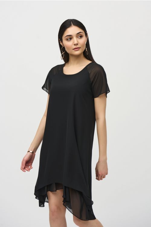 Joseph Ribkoff Black Chiffon Layered Trapeze Dress Style 241084