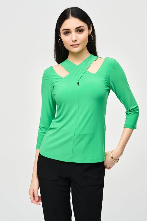 Joseph Ribkoff Island Green Bamboo Jersey Cutout Fitted Top Style 241240