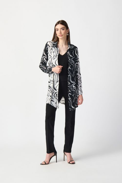 Joseph Ribkoff Vanilla/Black Abstract Print Georgette Blouse Style 241250