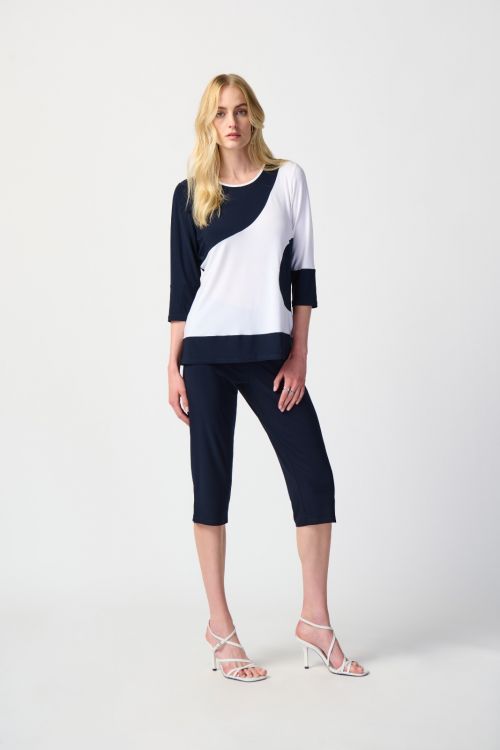 Joseph Ribkoff Midnight Blue/Vanilla Colour-Block Trapeze Top Style 241256