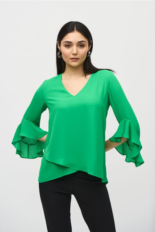 Joseph Ribkoff Island Green Georgette Top With Ruffled Sleeves Style 241283