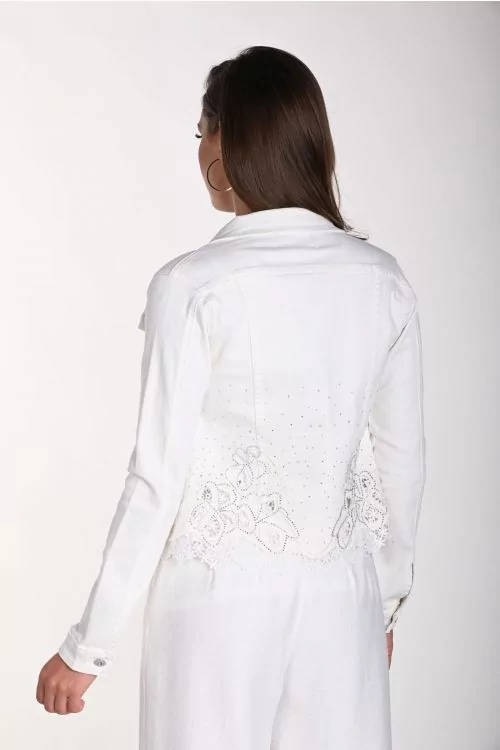 Frank Lyman Off-White Floral Lace Insert Denim Jacket Style 241317U