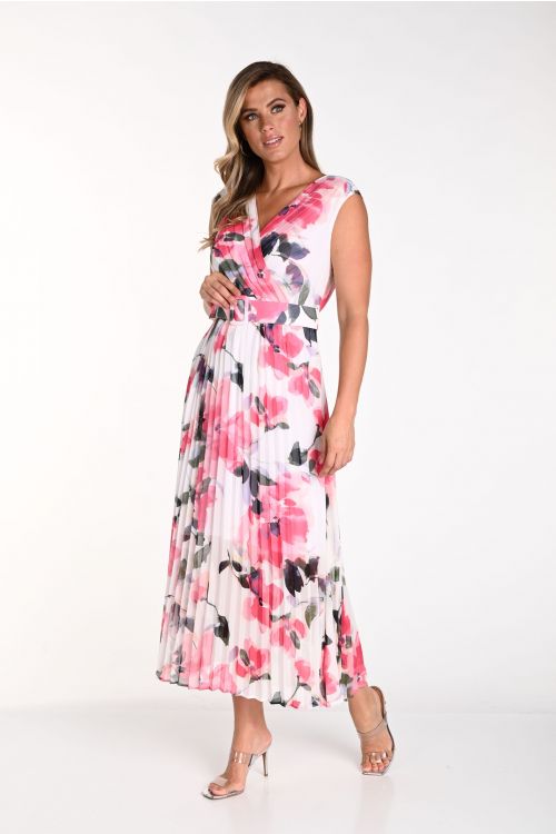 Frank Lyman Off-White/Pink Floral Print Wrap Maxi Dress Style 241335U