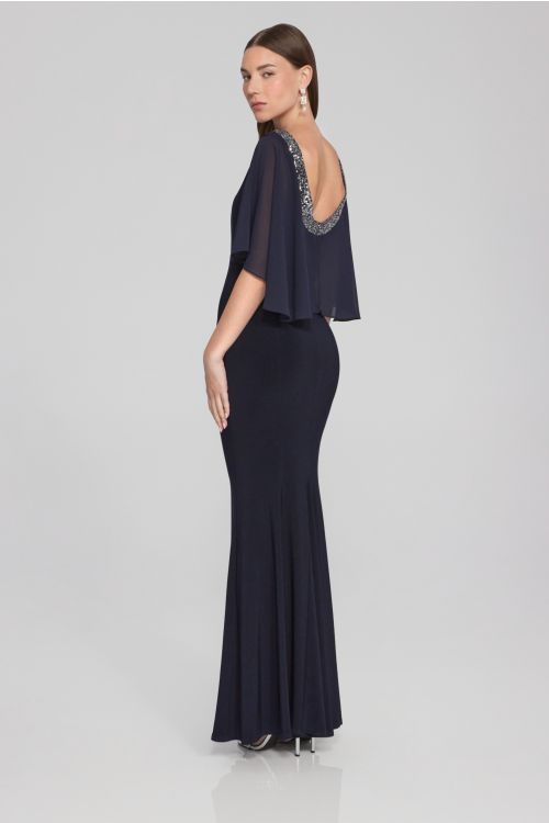 Joseph Ribkoff Midnight Blue Silky Knit and Chiffon Trumpet Gown Style 241717