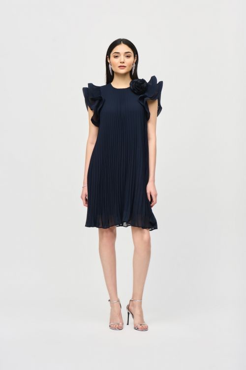 Joseph Ribkoff Midnight Blue Chiffon Pleated Dress with Organza Flower Detail Style 241758