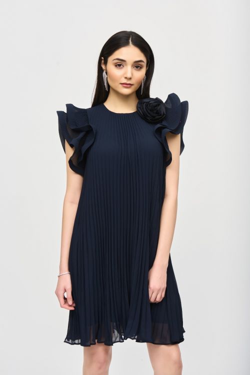 Joseph Ribkoff Midnight Blue Chiffon Pleated Dress with Organza Flower Detail Style 241758