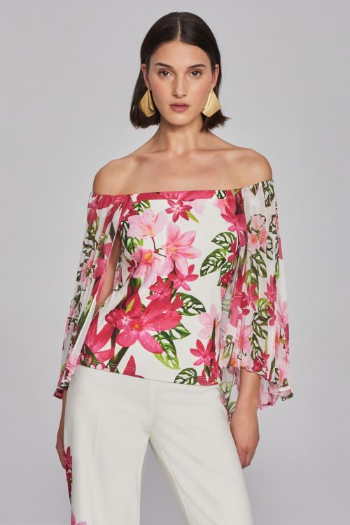 Joseph Ribkoff Vanilla/Multi Floral Print Chiffon Off-the-Shoulder Top Style 241780