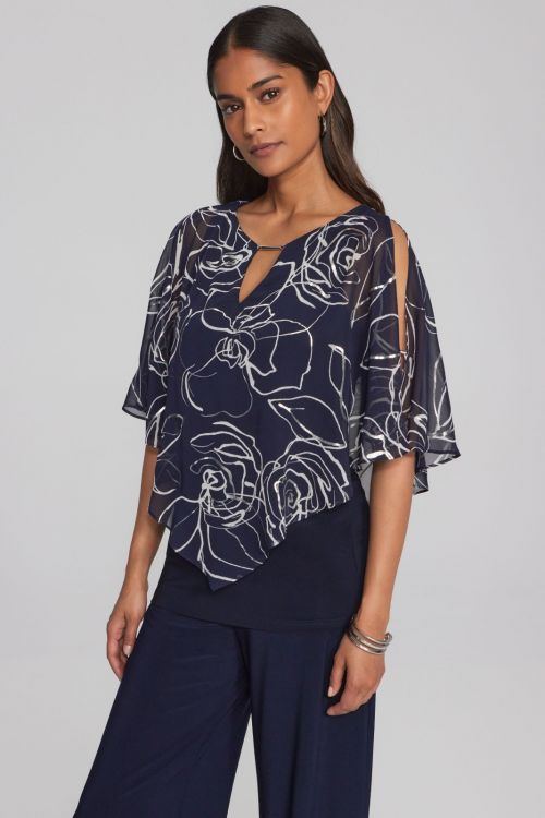 Joseph Ribkoff Midnight Blue/Vanilla Floral Print Poncho Top Style 241783