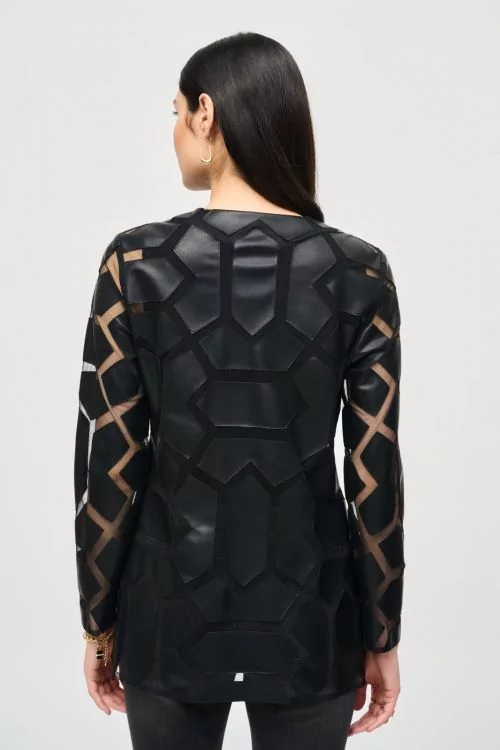 Joseph Ribkoff Vanilla/Black Laser-Cut Leatherette on Mesh Jacket Style 241905