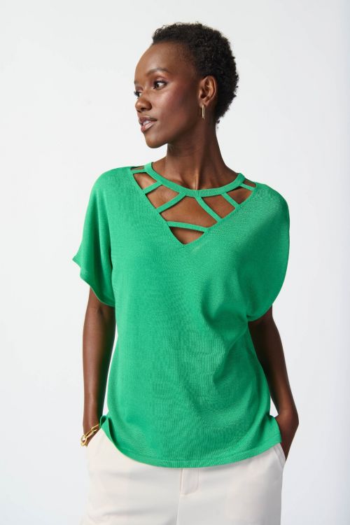 Joseph Ribkoff Island Green Sweater With Cutout Neckline Style 241915