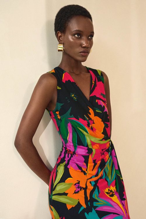 Joseph Ribkoff Black/Multi Tropical Print Wrap Dress Style 242012