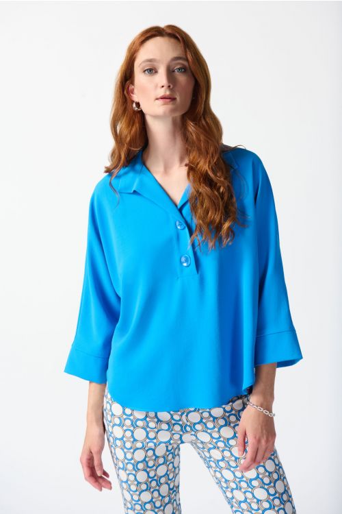 Joseph Ribkoff French Blue Buttoned Collar Boxy Top Style 242057