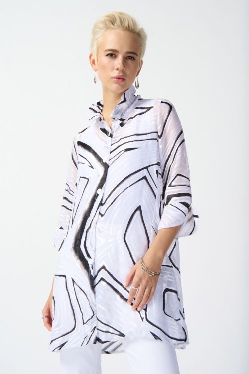 Joseph Ribkoff White/Black Abstract Print A-Line Blouse Style 242171