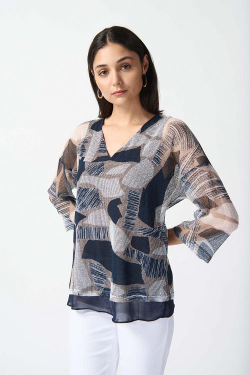 Joseph Ribkoff Vanilla/Multi Mesh Abstract Print Layered Top Style 242200