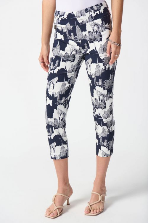 Joseph Ribkoff Vanilla/Midnight Blue Scenery Print Cropped Pants Style 242212